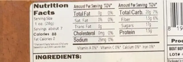 Peach fruit strips nutrition facts table