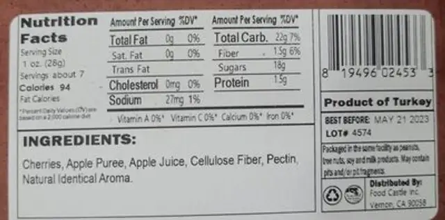 Cherry fruit strips nutrition facts table