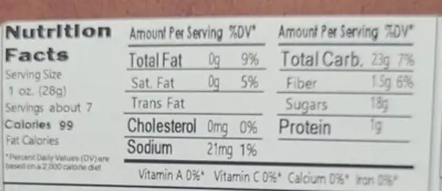 Mango Pear Fruit Strips nutrition facts table