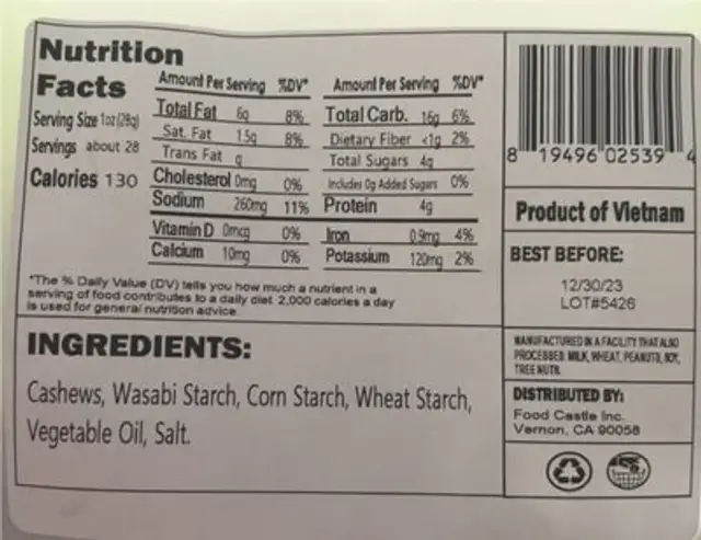 Wasabi cashews nutrition facts table