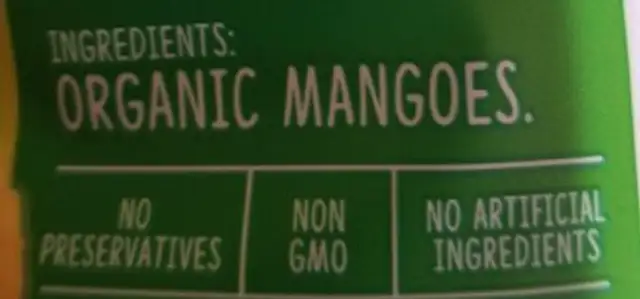 Organic Mango ingredients label