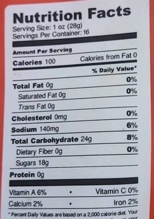 Pineapple Chili nutrition facts table