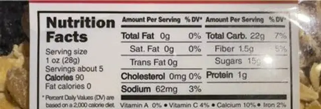 Mango soft dry nutrition facts table
