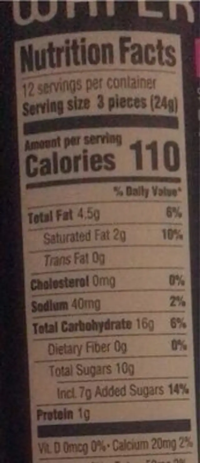 Wafer rolls nutrition facts table