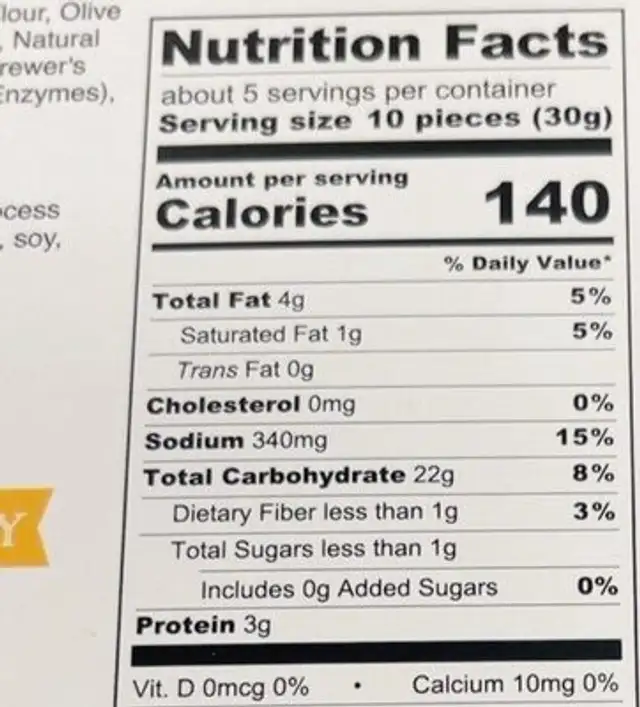 Toscana nutrition facts table