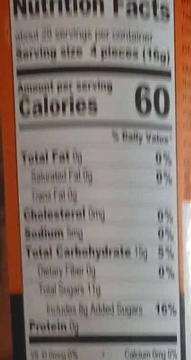 Ginger chews nutrition facts table