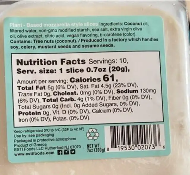 Plant based mozzarella nutrition facts table