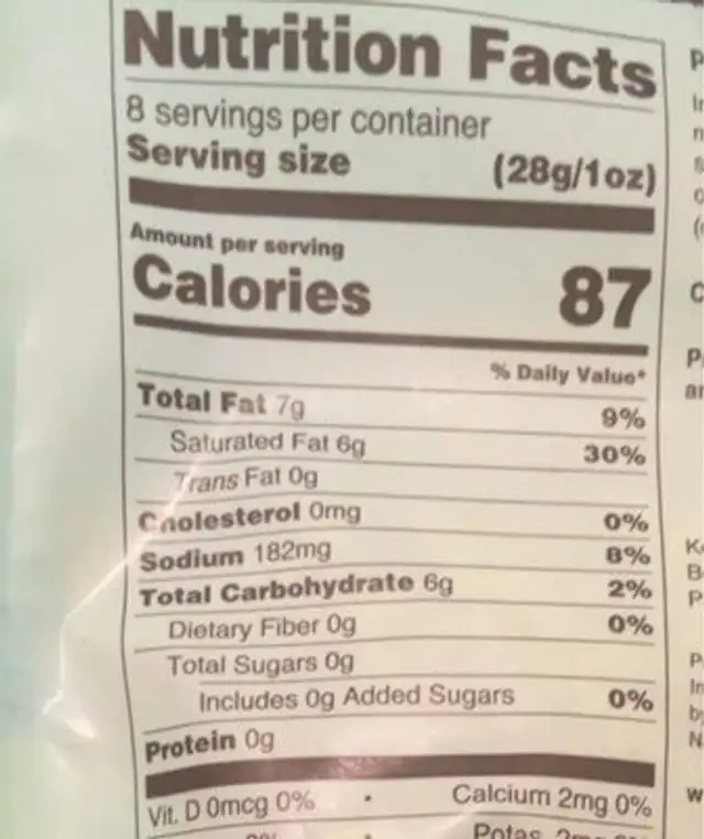 Plant based cheddar nutrition facts table