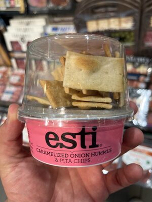 Esti Caramelized Onion Hummus & Pita Chips front packaging