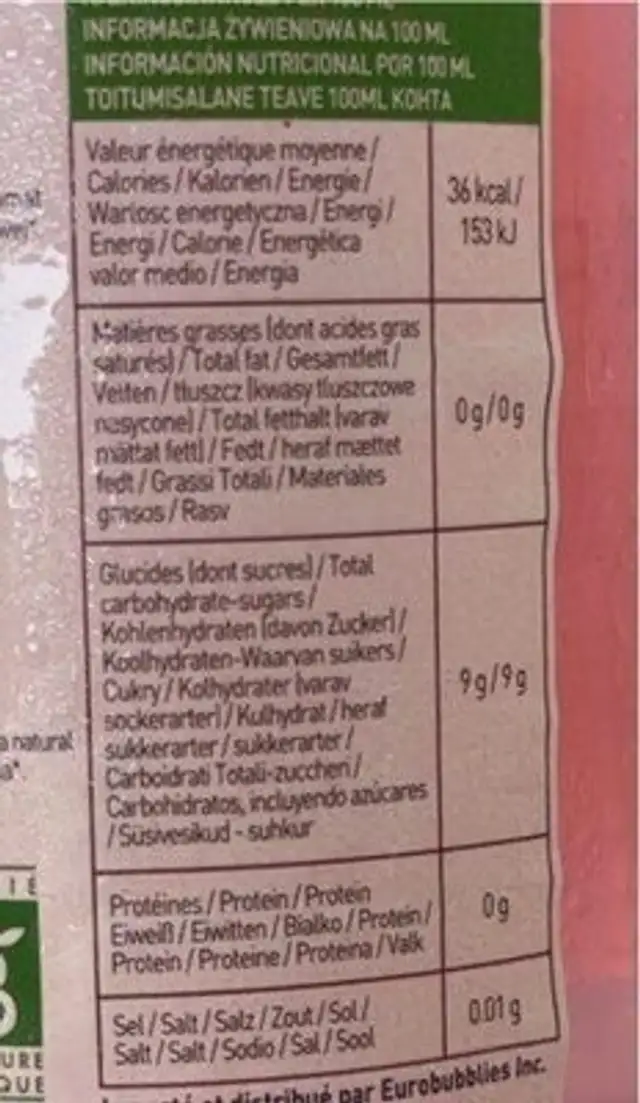 Limonade pétillante nutrition facts table