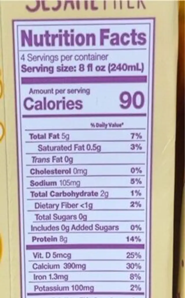 Sesame Milk Original nutrition facts table