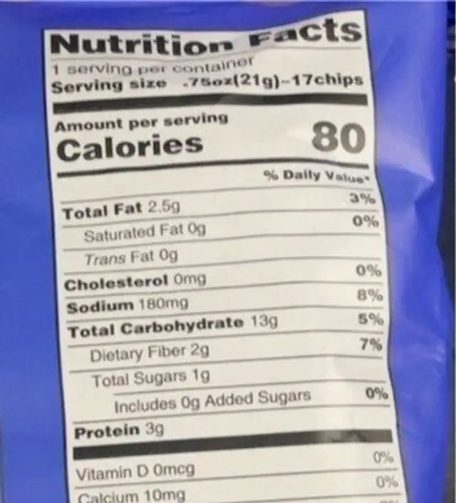 Real veggie chips (Sea Salt) nutrition facts table