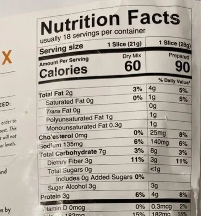 keto bread mix nutrition facts table