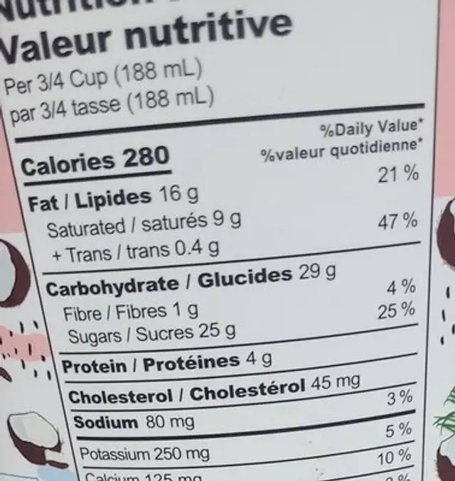 Coconut Cream Ice Cream nutrition facts table