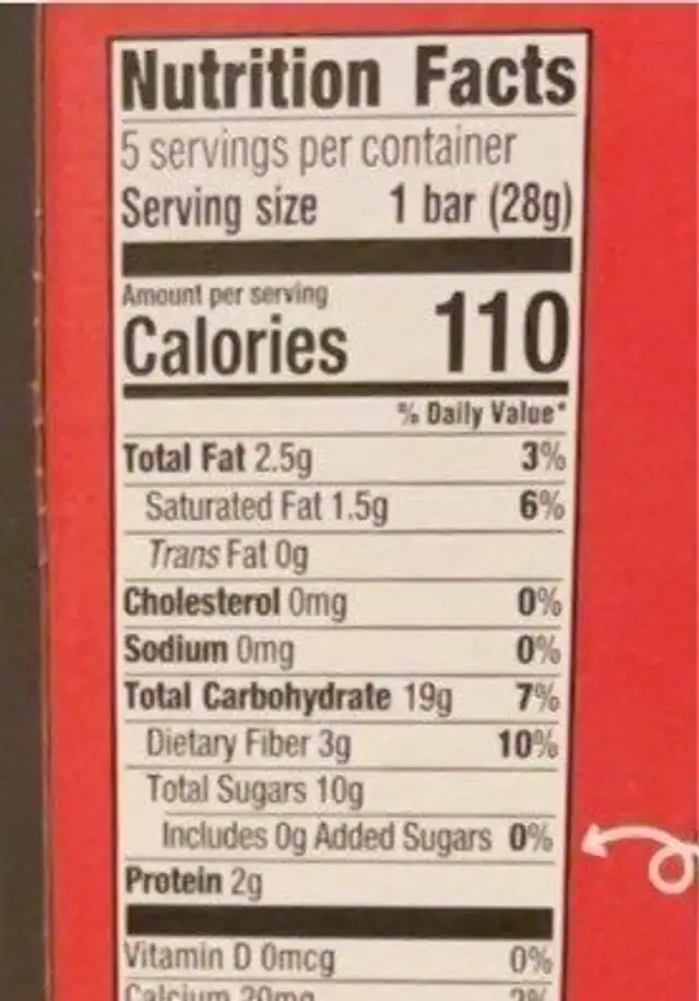 Fruit & oat bar nutrition facts table