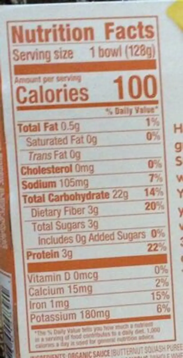 Happytot squash ravioli nutrition facts table