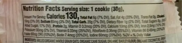 Lactation Cookie nutrition facts table