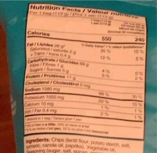 Lentil chips nutrition facts table