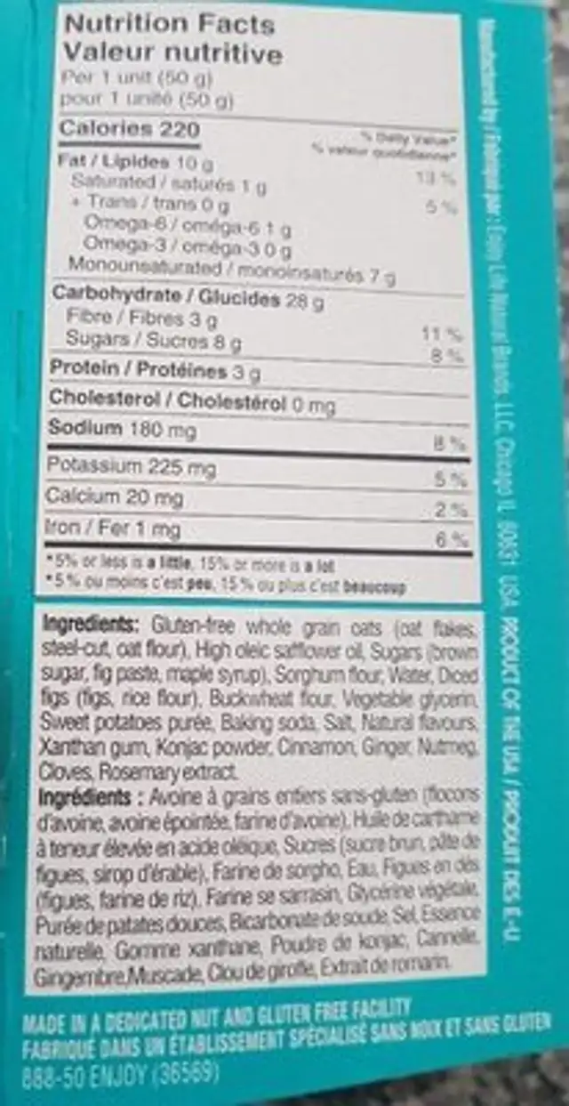 Galettes déjeuner saveur de figue et érable nutrition facts table