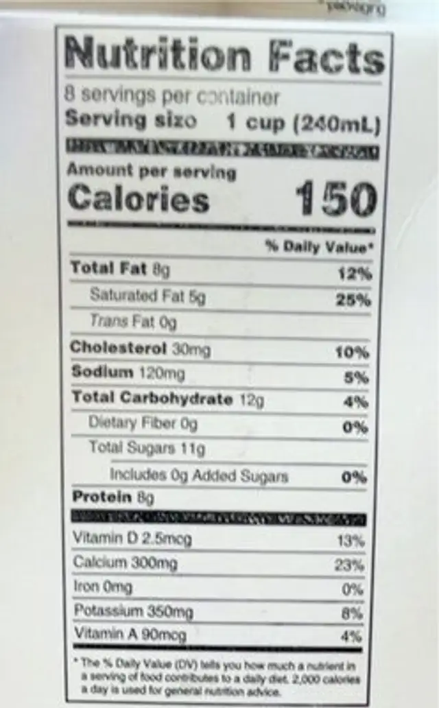 Certified Organic Milk nutrition facts table