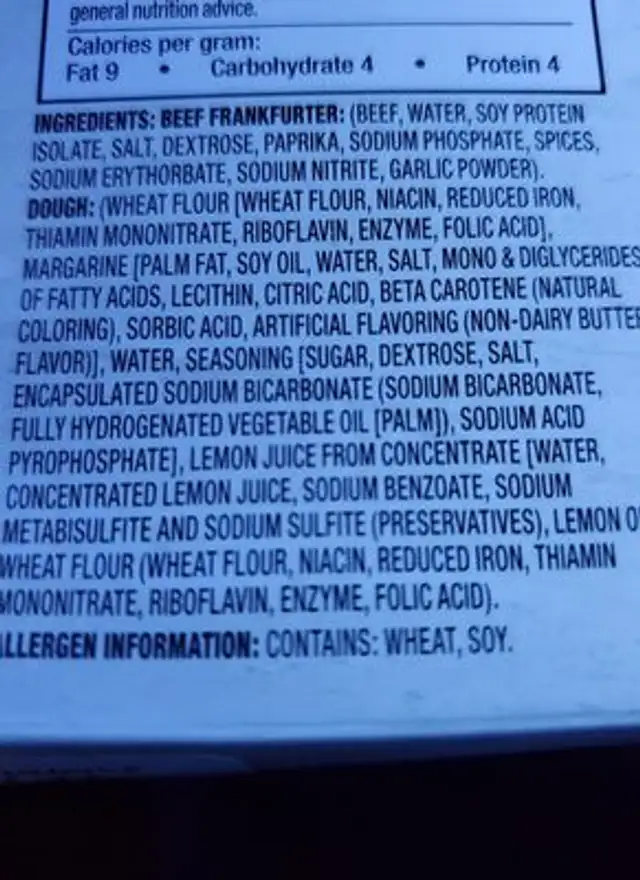 Beef franks ingredients label