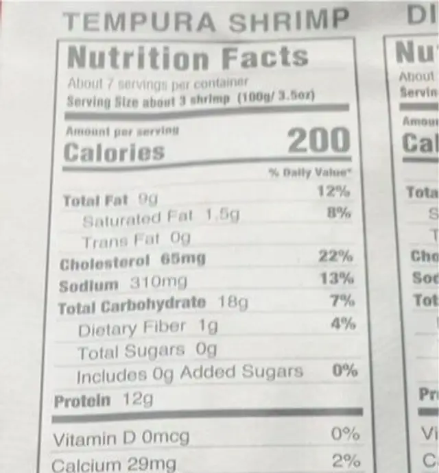 Tempura shrimp nutrition facts table