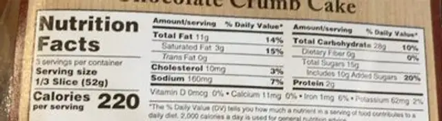 Chocolate crumb cake nutrition facts table