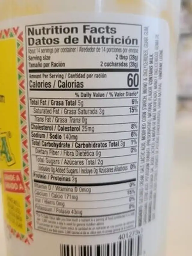 Crema Pura nutrition facts table