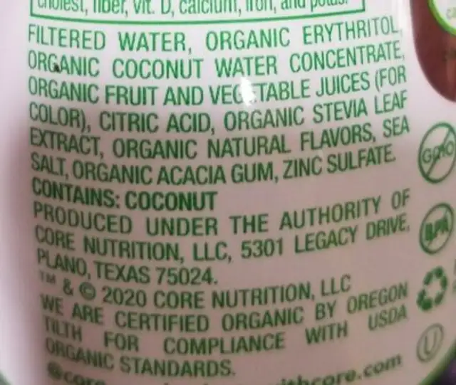 Core organic hydration immunity support ingredients label