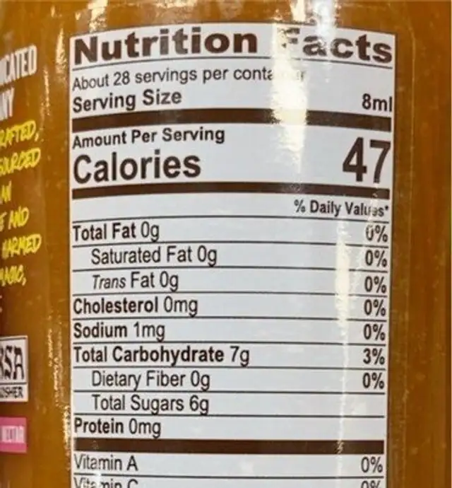 Organic vegan un-honey nutrition facts table