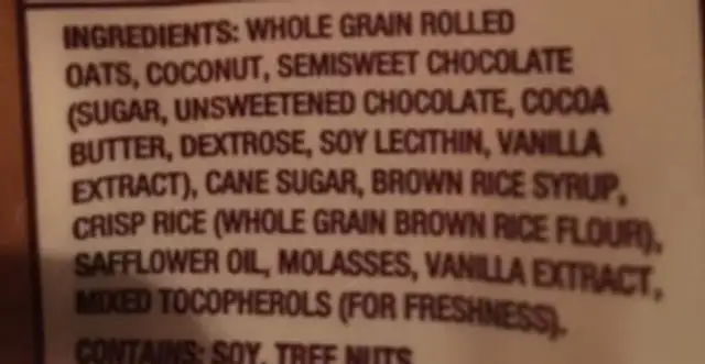 Coconut granola ingredients label