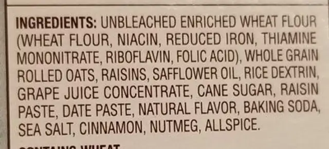Chewy oatmeal raisin whole grain rolled oats, raisins, cinnamon & nutmeg cookies, chewy oatmeal raisin ingredients label