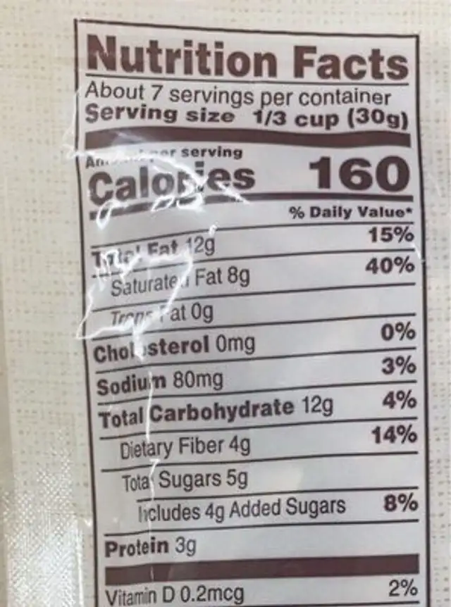 Vanilla Almond Granola Crunch nutrition facts table