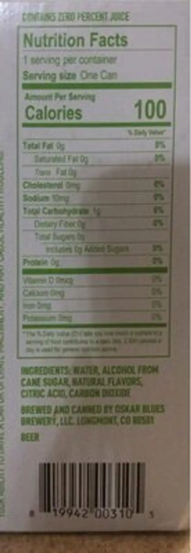 Hard Seltzer nutrition facts table