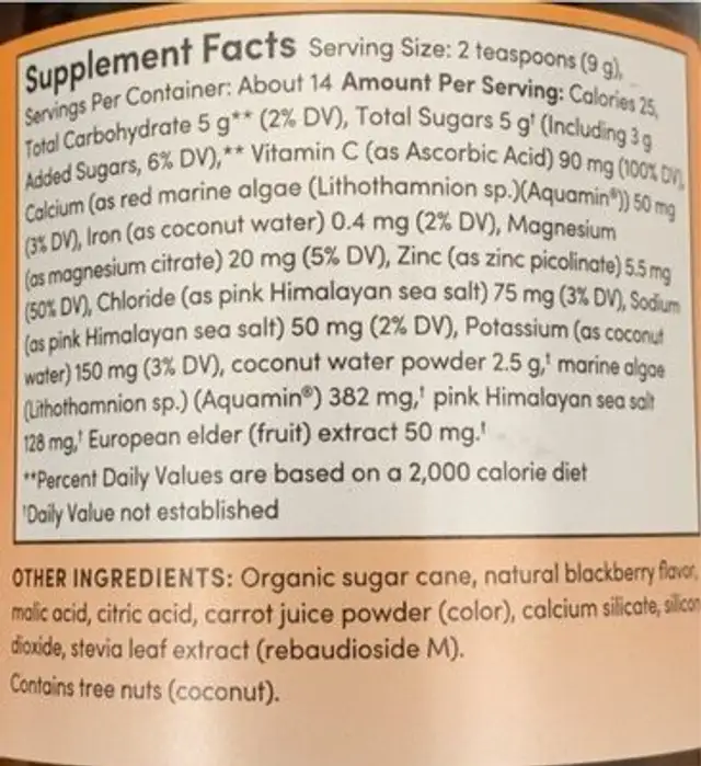 Body Guard Zesty Berry nutrition facts table