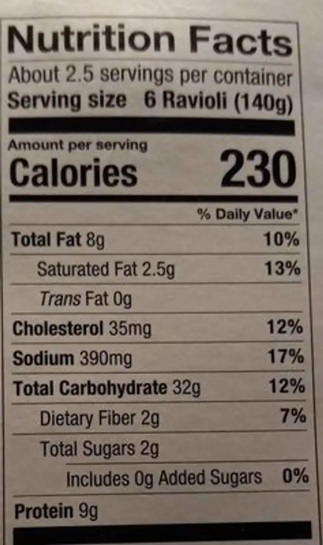 Oven-Roasted Portobello Mushroom Ravioli nutrition facts table