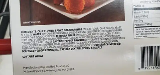 Buffalo Style Cauliflower Wings ingredients label