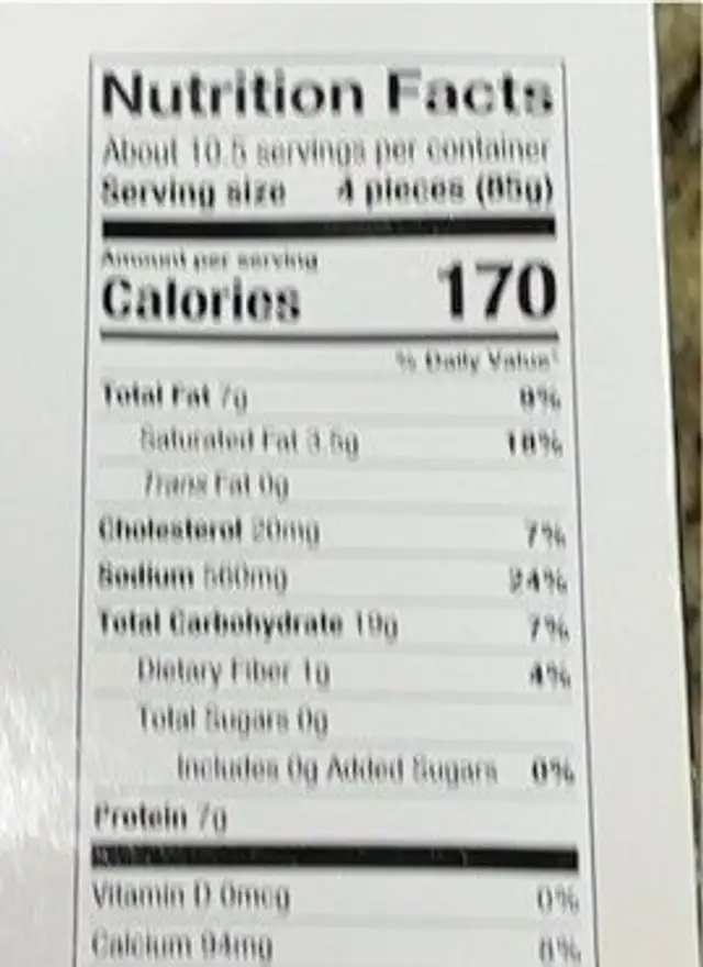 Potato Cheddar Bacon tots nutrition facts table