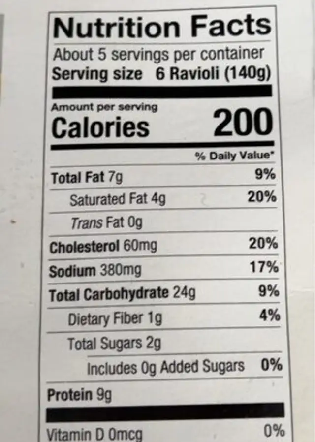 Lobster Ravioli nutrition facts table