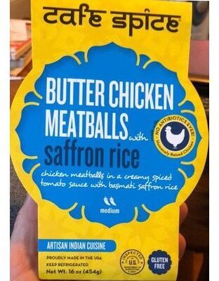 Butter chicken meatballs with saffron rice front packaging