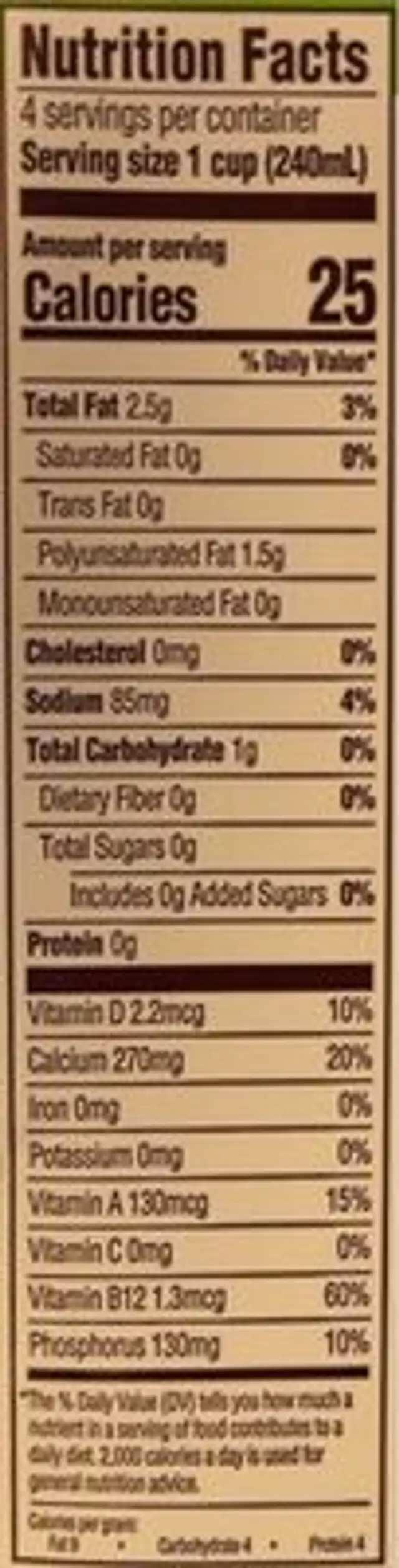 Flaxmilk Unsweetened nutrition facts table