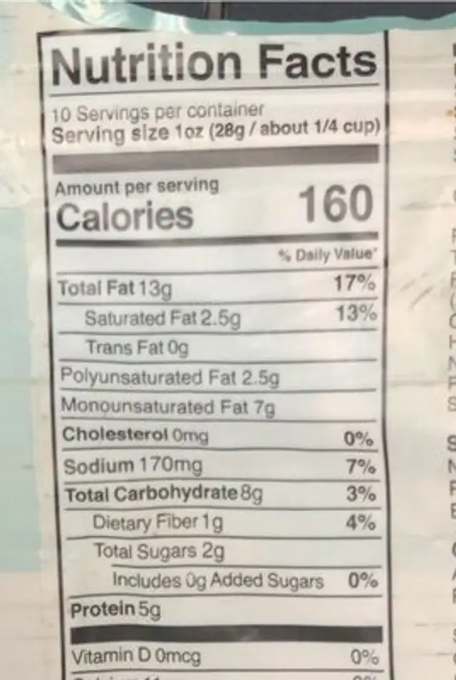 Hatch Chili cashews nutrition facts table