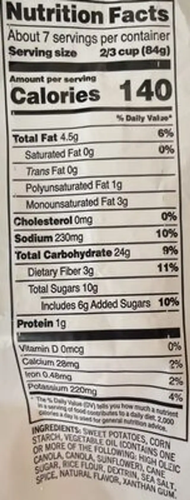 Sweet Potato Tots nutrition facts table
