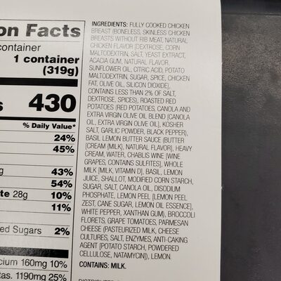 Grilled Lemon Basil Chicken with Roasted Potatoes ingredients label