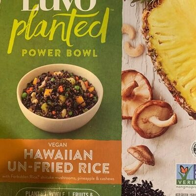 Hawaiian un-fried rice with black rice, shiitake mushrooms, pineapple, and cashews, cooked in avocado oil