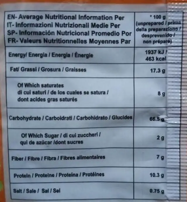 Easy instant noodles nutrition facts table