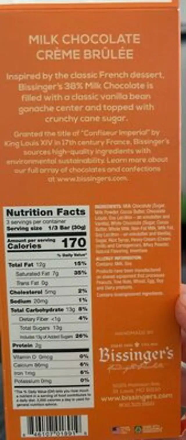 Milk Chocolate Crème Brulee nutrition facts table