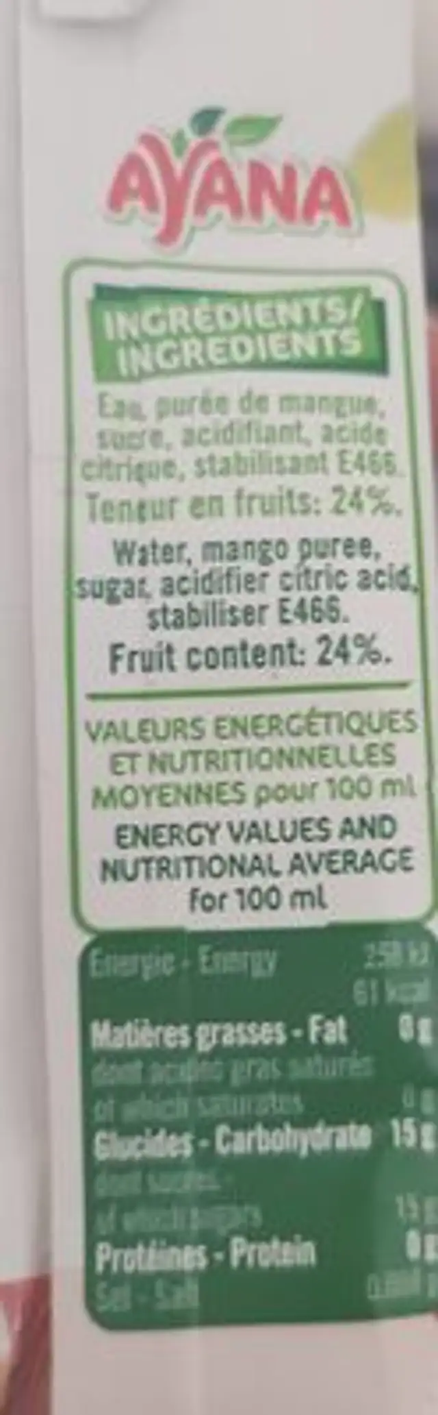 Ayana ingredients label