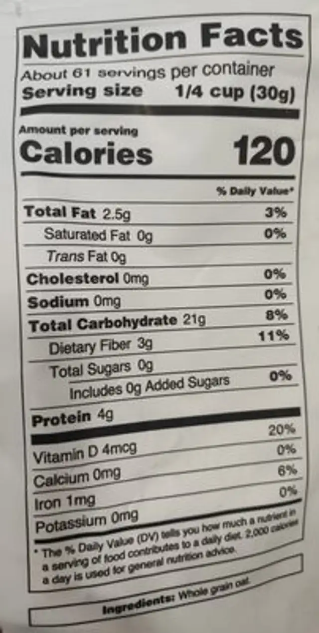 Oat flour nutrition facts table