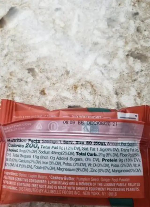 Bar, Cashew Ginger Pumpkin Seed ingredients label